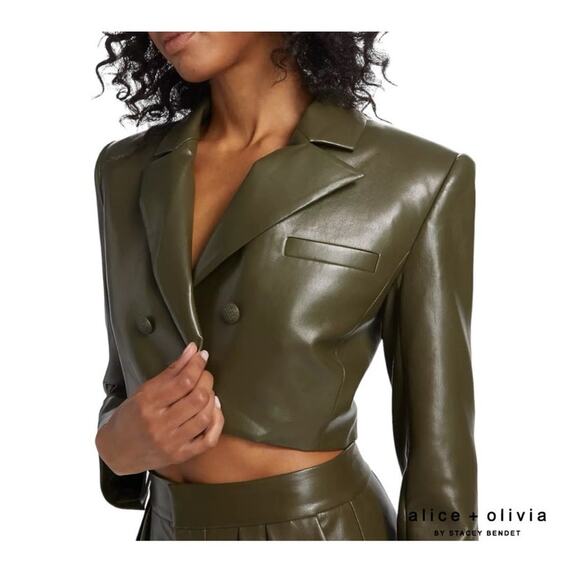 Alice + Olivia Anthony Cropped Olive Vegan Leather Blazer Size M Medium 8 - Picture 4 of 10
